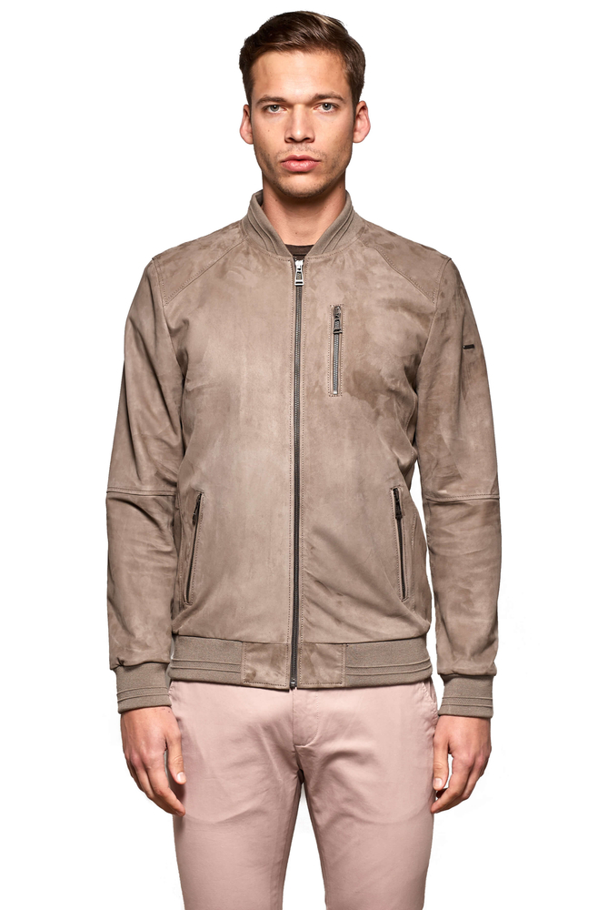 Men's Beige College Collar Genuine Leather Basic Jacket - PIERRECARDIN