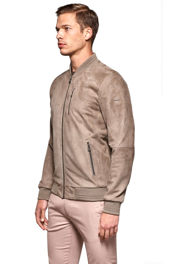 Men's Beige College Collar Genuine Leather Basic Jacket - PIERRECARDIN (1)