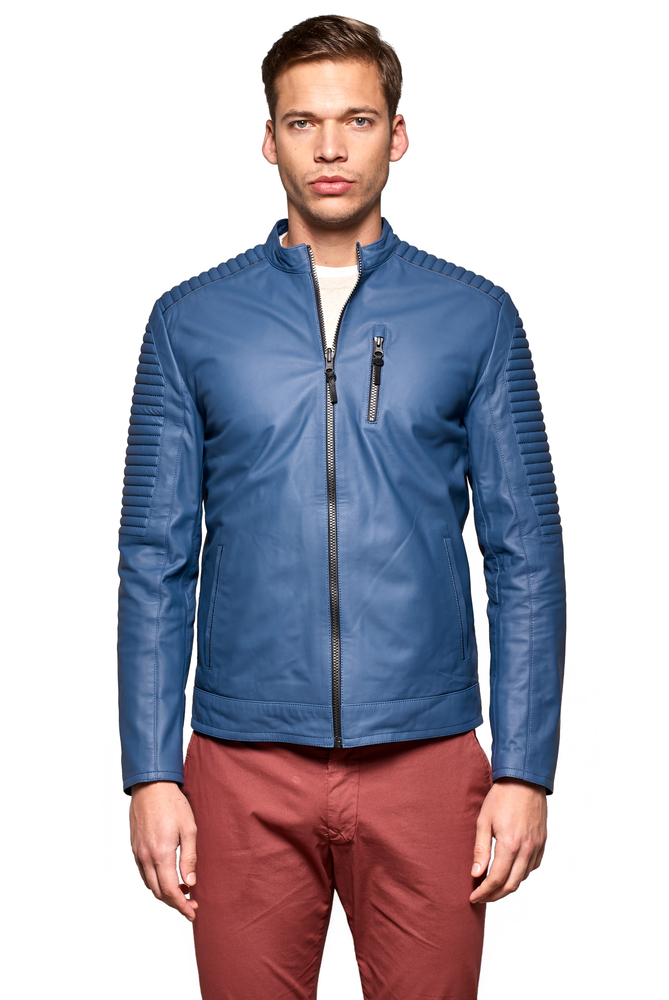 Men's Navy Blue Biker Genuine Leather Jacket - PIERRECARDIN
