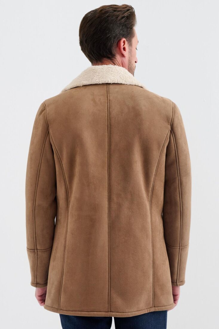 NOLAN REGULAR FIT FUR-LINED INSIDE BUTTONED FOLDED COLLAR WITH SIDE POCKETS CLASSIC BROWN SUEDE COAT - 4