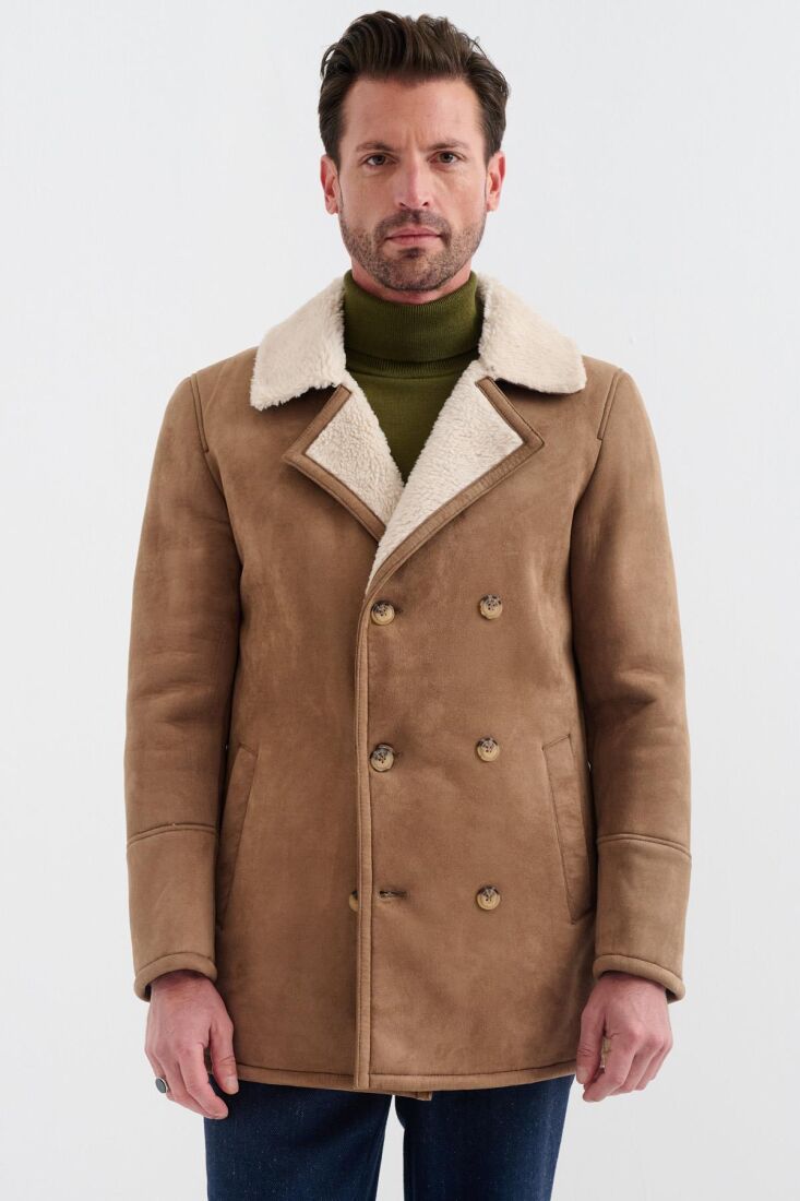 NOLAN REGULAR FIT FUR-LINED INSIDE BUTTONED FOLDED COLLAR WITH SIDE POCKETS CLASSIC BROWN SUEDE COAT - 5
