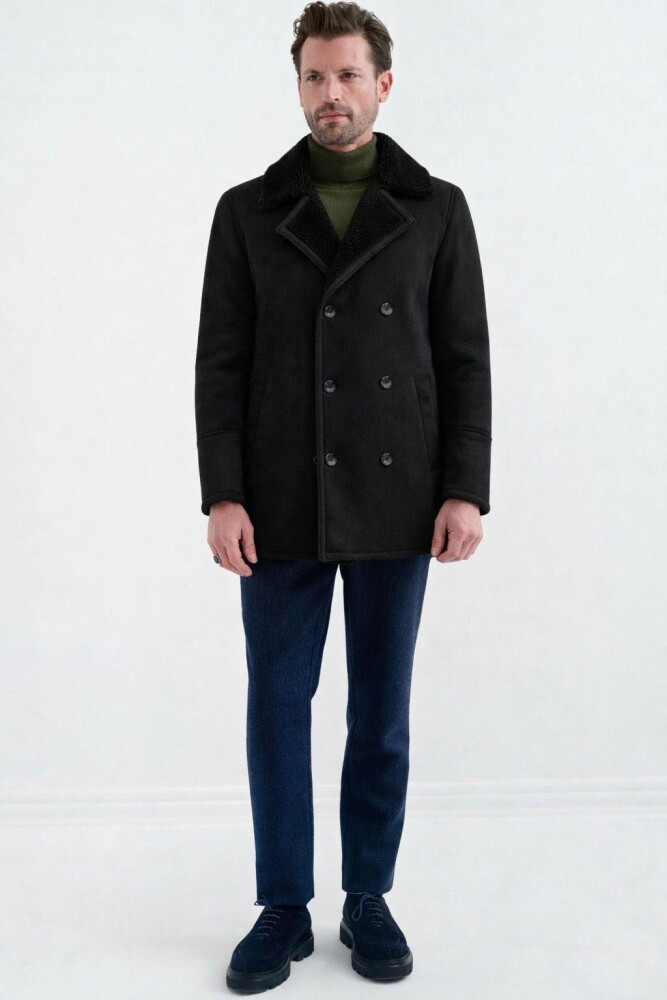 NOLAN REGULAR FIT FUR-LINED INSIDE BUTTONED FOLDED COLLAR WITH SIDE POCKETS CLASSIC BROWN SUEDE COAT - 6