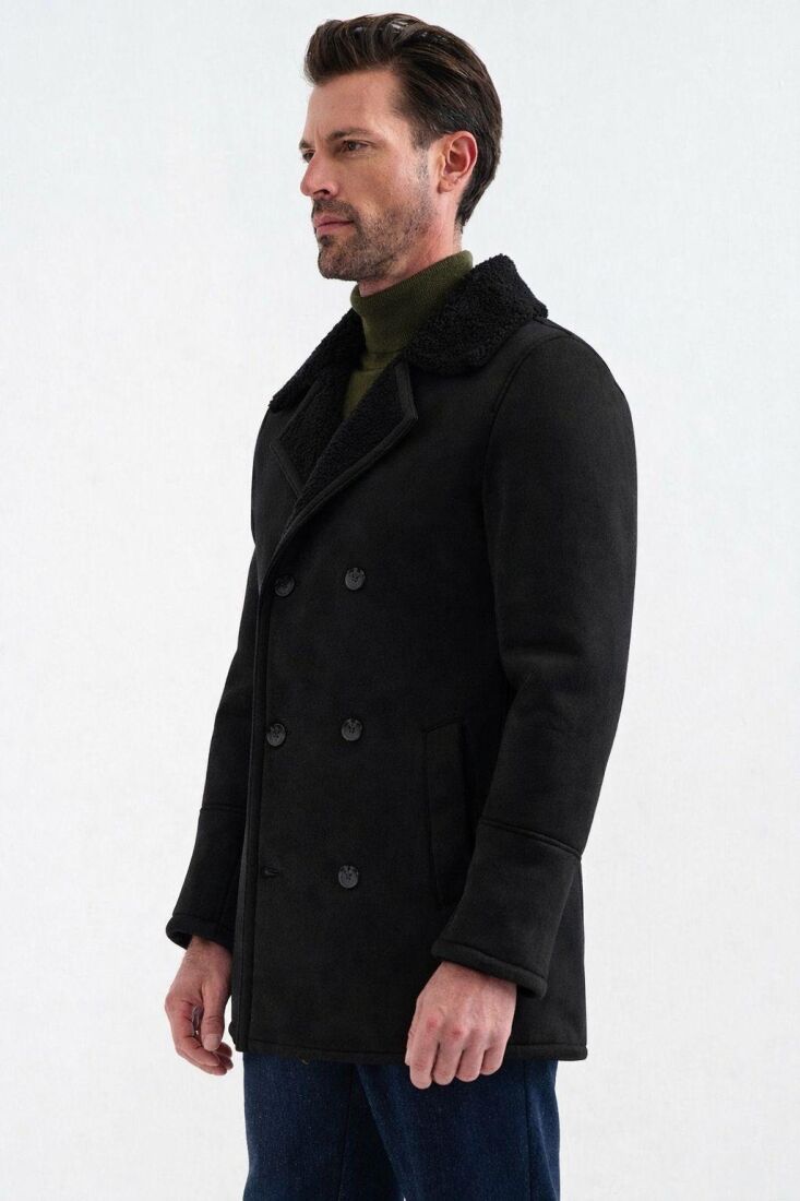 NOLAN REGULAR FIT FUR-LINED INSIDE BUTTONED FOLDED COLLAR WITH SIDE POCKETS CLASSIC BROWN SUEDE COAT - 7